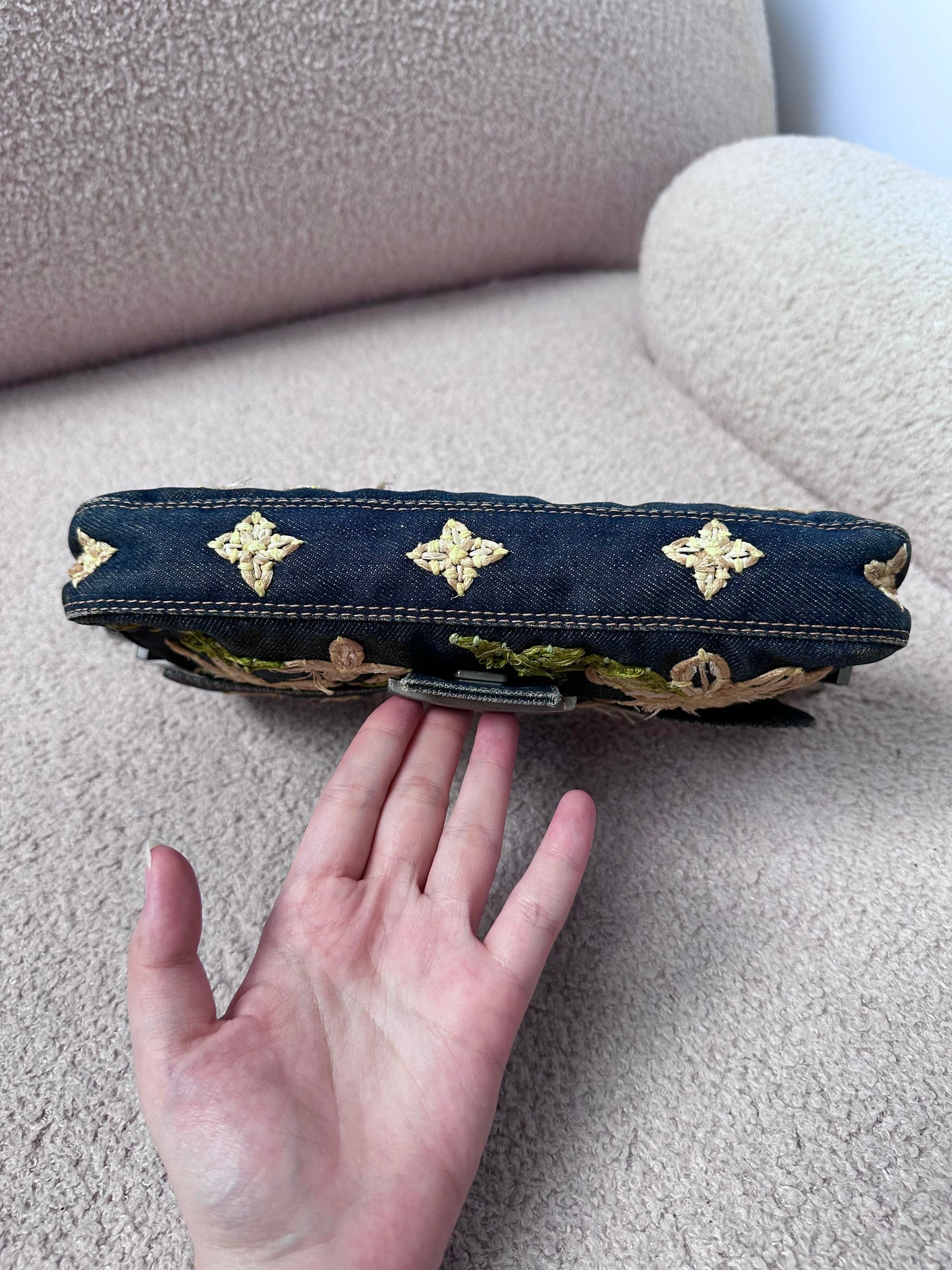 Fendi Floral Embroidered Denim Baguette