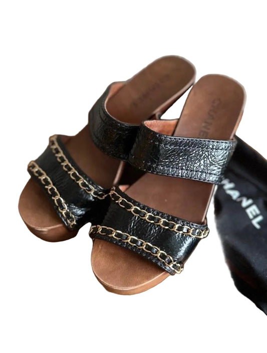 Chanel Chain Black Leather Wood Mules Sandals