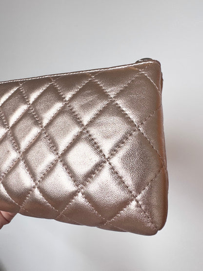 Chanel Quilted O Case Metallic Pink Rose Gold Zip Pouch