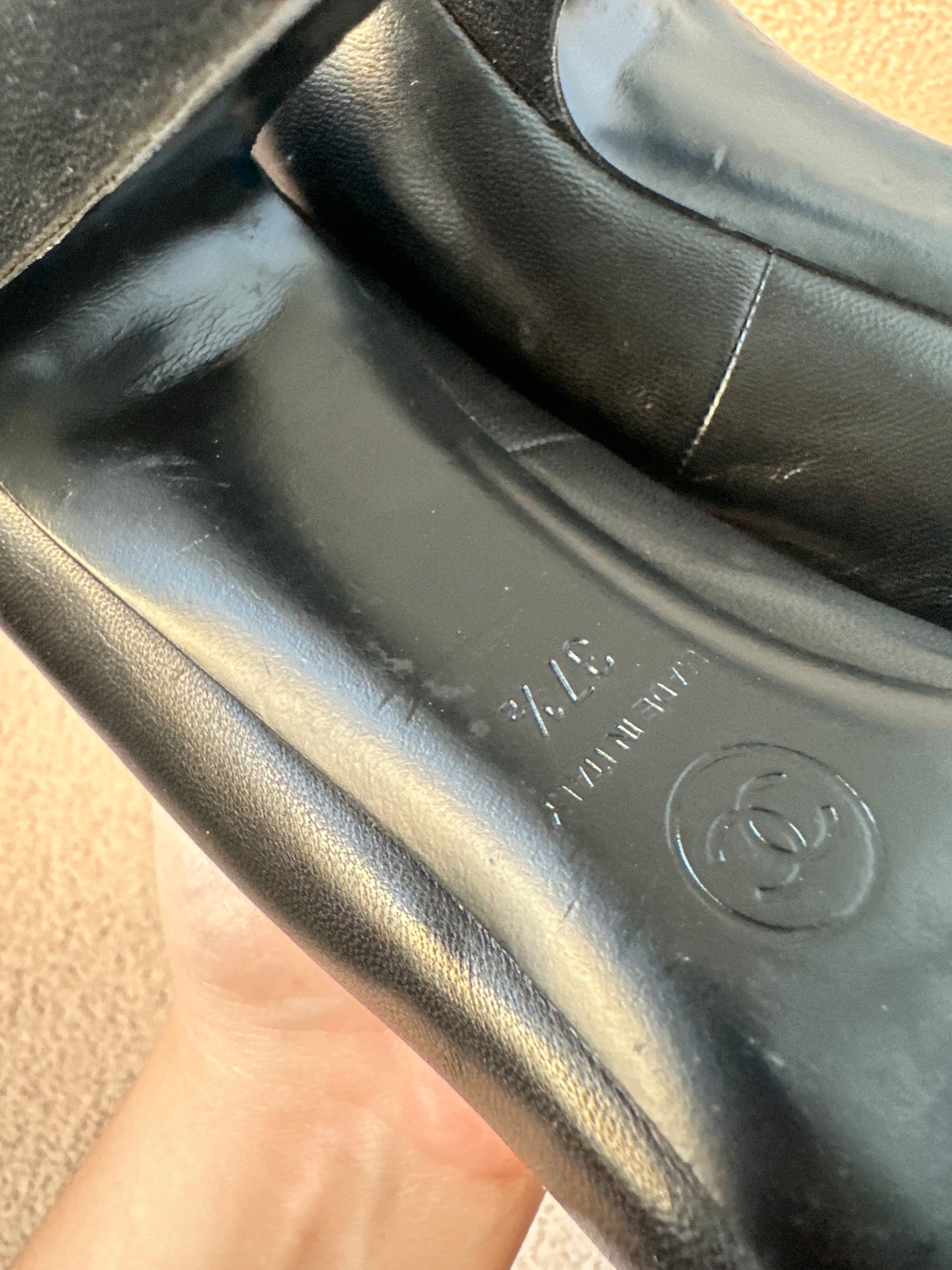 Chanel Camellia Black Leather Pumps Heels (Size 37.5)