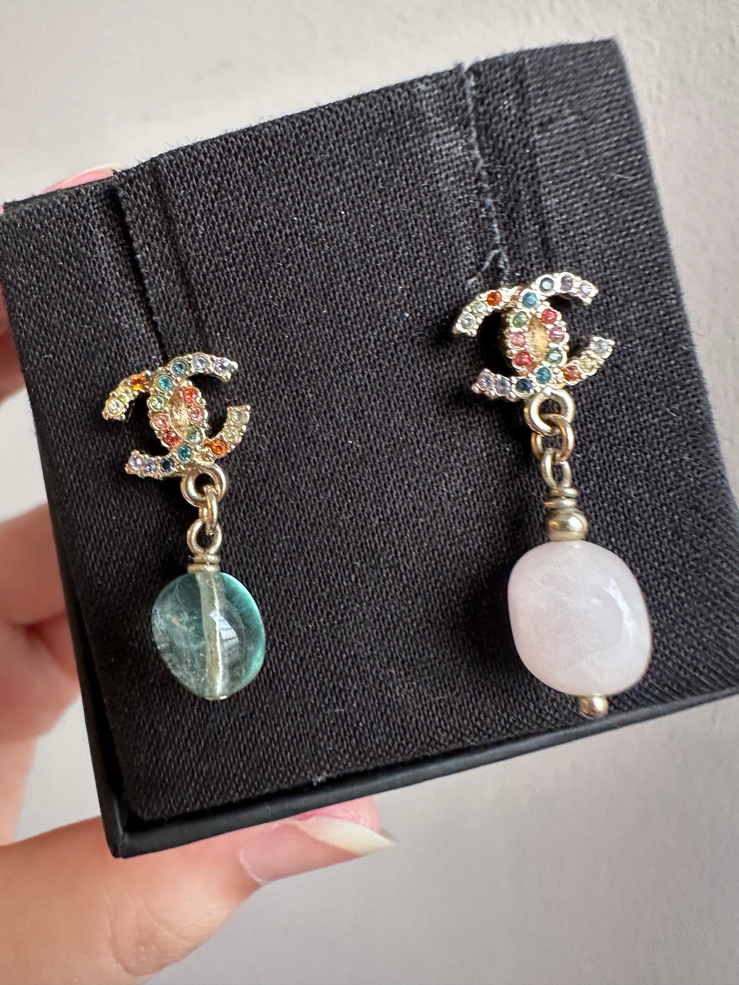 Rare Chanel Rainbow Crystal CC Drop Dangling Earrings
