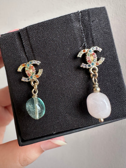 Rare Chanel Rainbow Crystal CC Drop Dangling Earrings