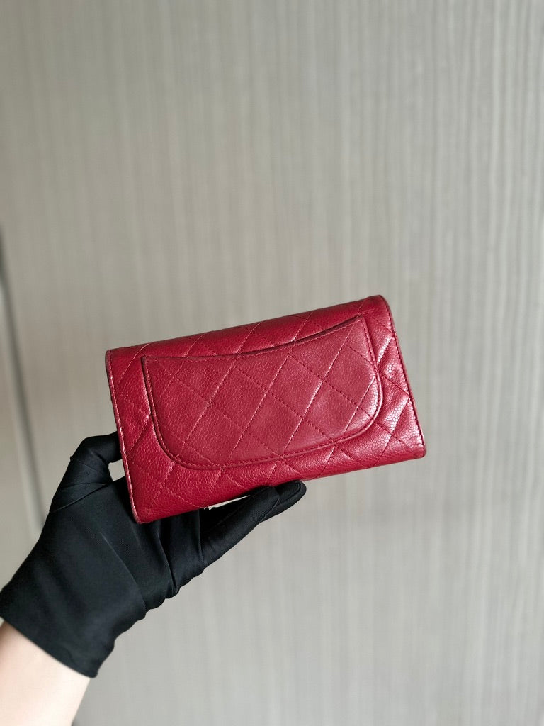 Chanel Caviar Classic Trifold Long Wallet Red Silver Hardware