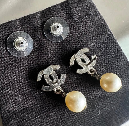 Chanel Classic CC Silver Pearl Dangling Earrings