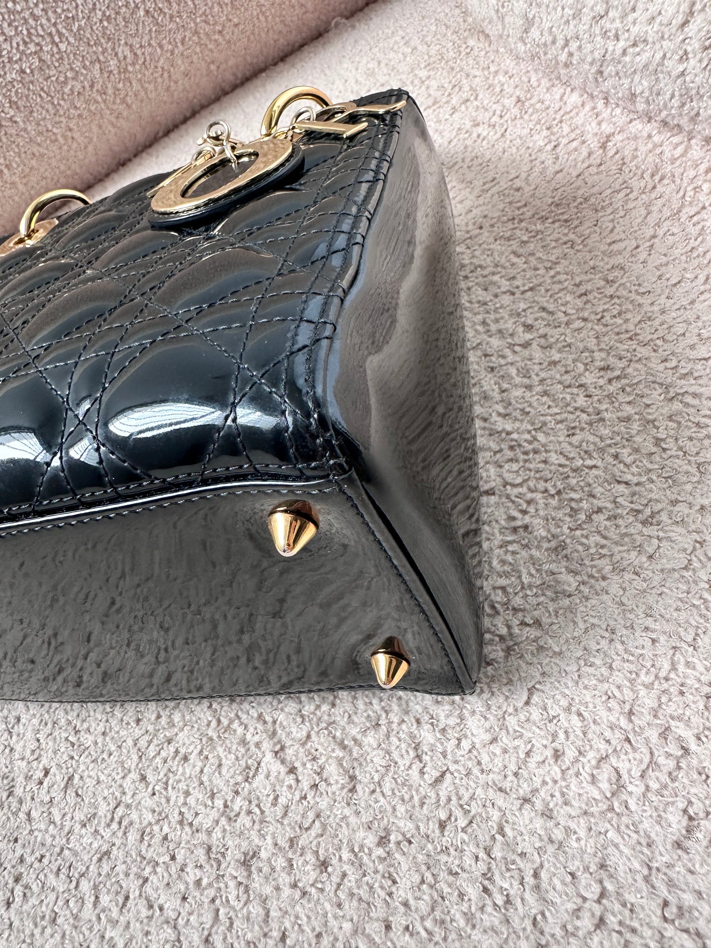 Christian Dior Lady Dior Medium Black Patent Gold Hardware