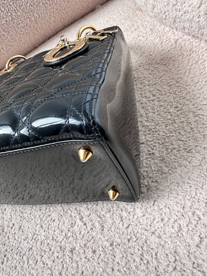 Christian Dior Lady Dior Medium Black Patent Gold Hardware