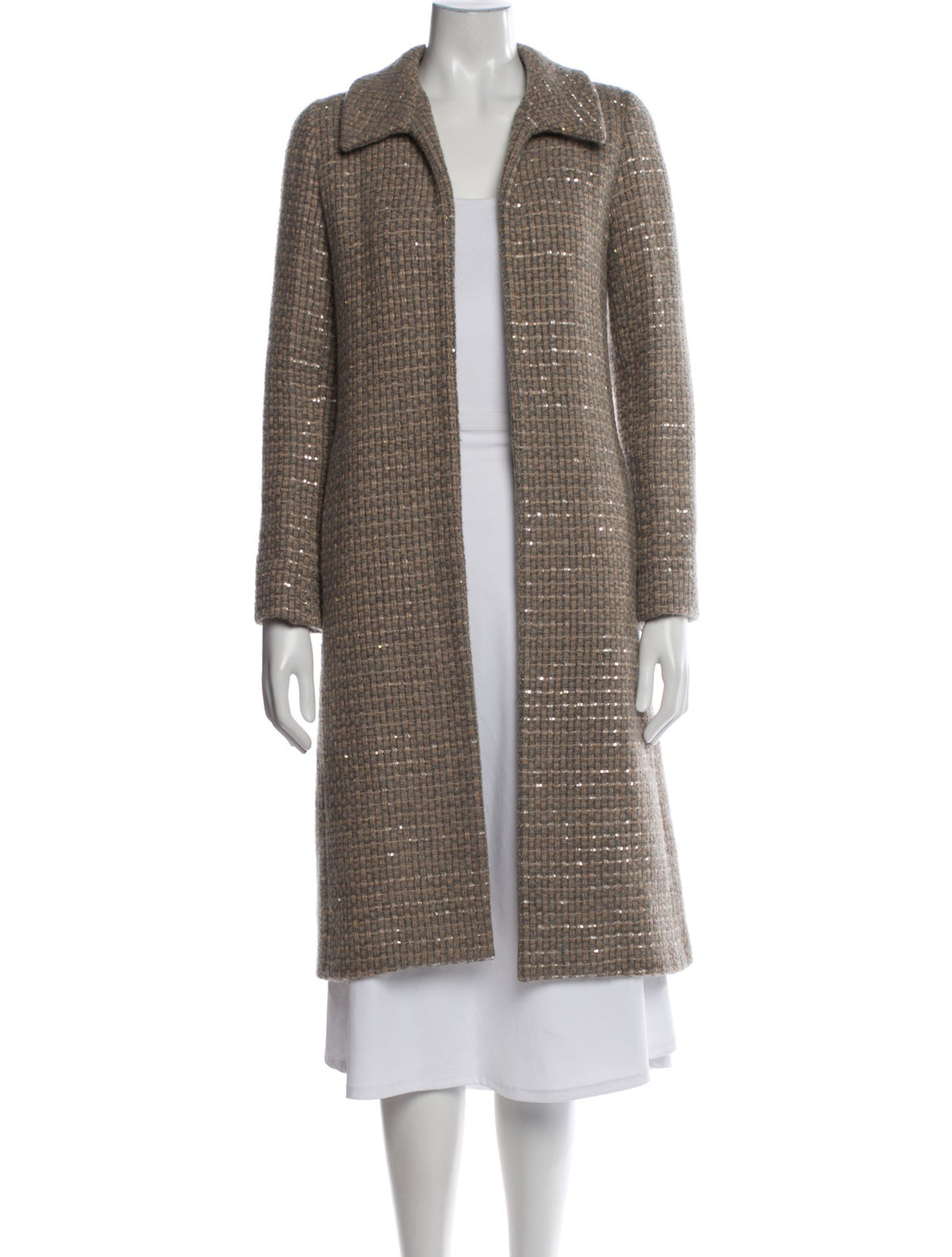 Chanel Runway Coat 00A Gold Beige Sequins Tweed Wool Long Jacket
