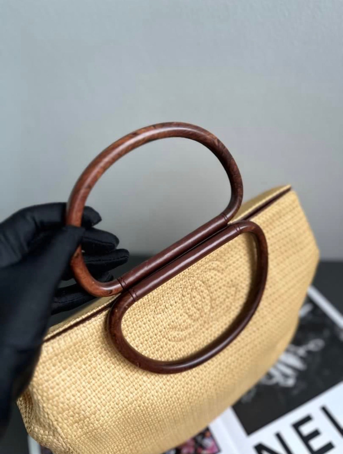 Rare Chanel Wooden Handle Hobo Raffia Tote Bag
