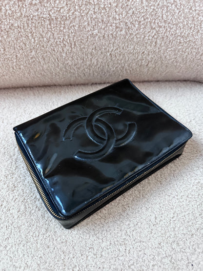 RARE Chanel Vintage Vanity Makeup Zip Case Clutch - 24K Gold Plated Hardware / Black Patent