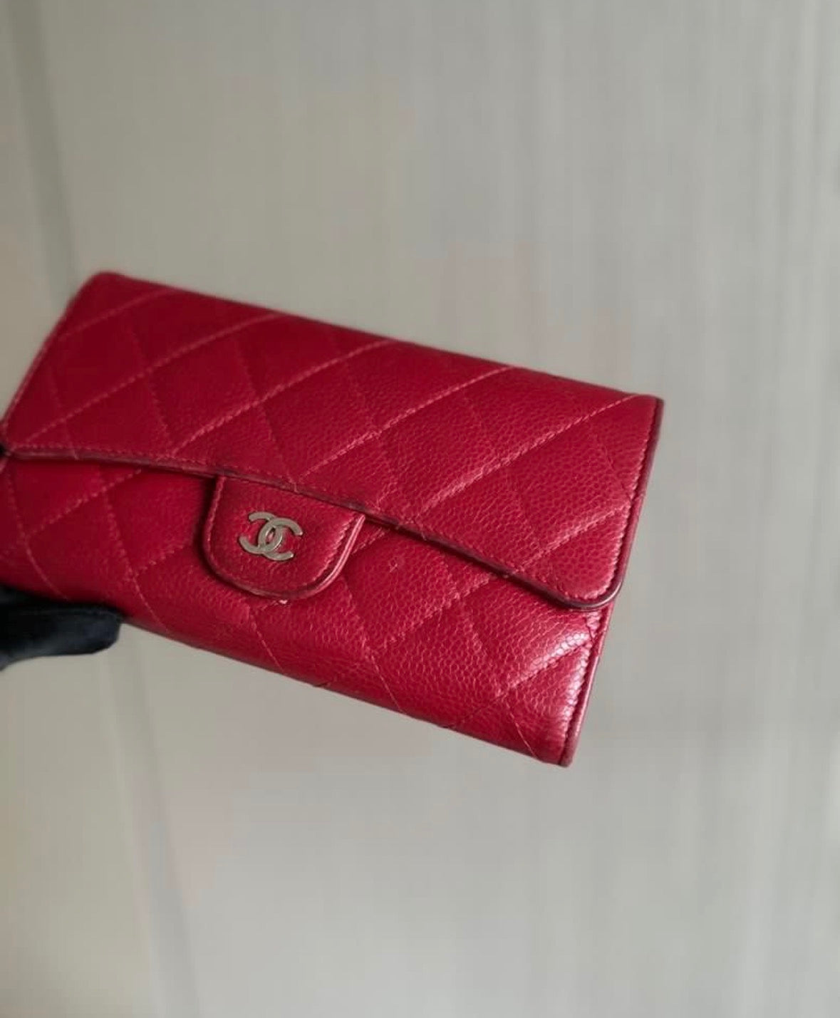 Chanel Caviar Classic Trifold Long Wallet Red Silver Hardware