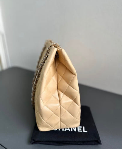 Chanel Vintage Quilted Classic Shoppers Tote Bag - Beige / Silver Hardware