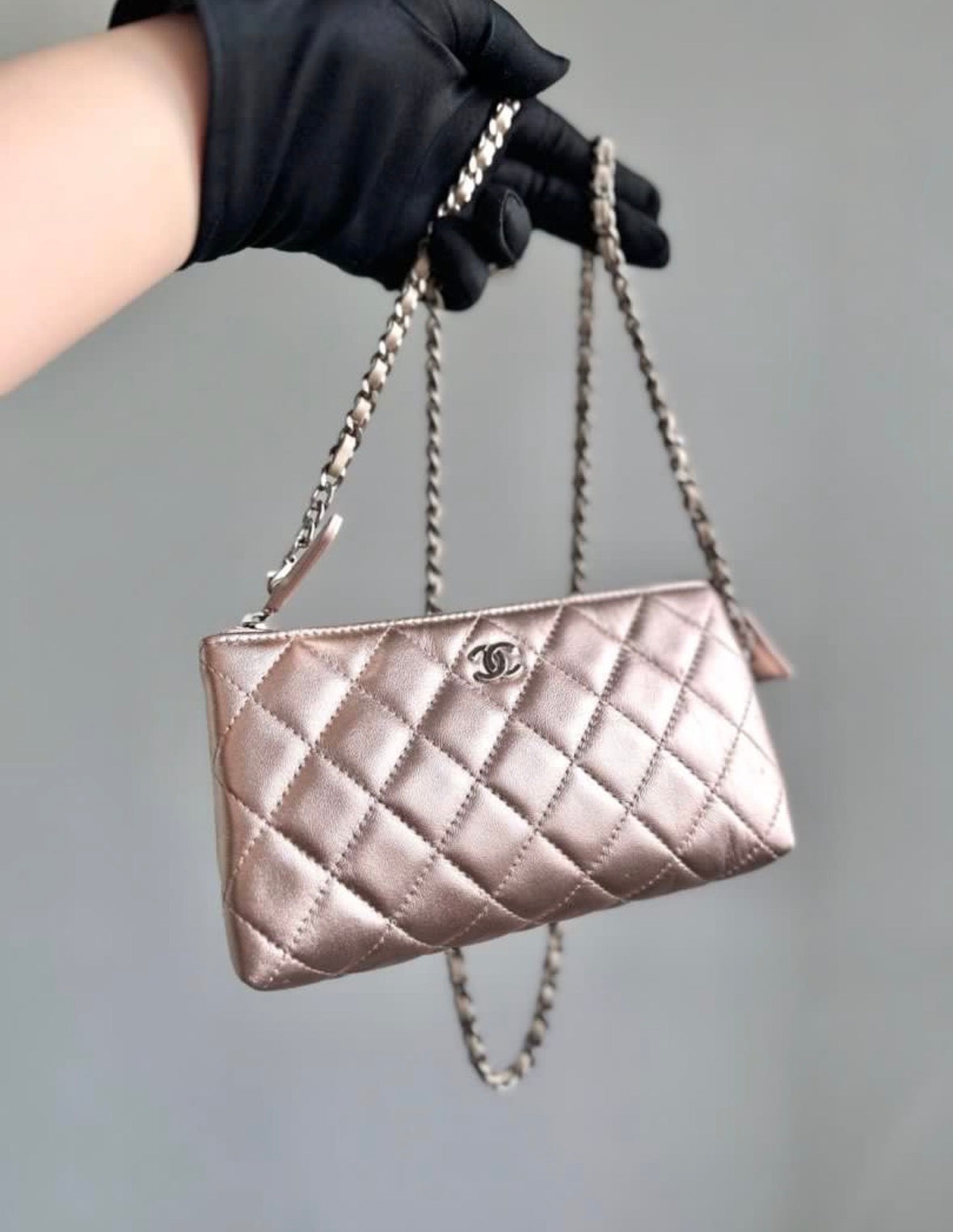 Chanel Quilted O Case Metallic Pink Rose Gold Zip Pouch