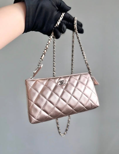 Chanel Quilted O Case Metallic Pink Rose Gold Zip Pouch