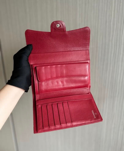 Chanel Caviar Classic Trifold Long Wallet Red Silver Hardware