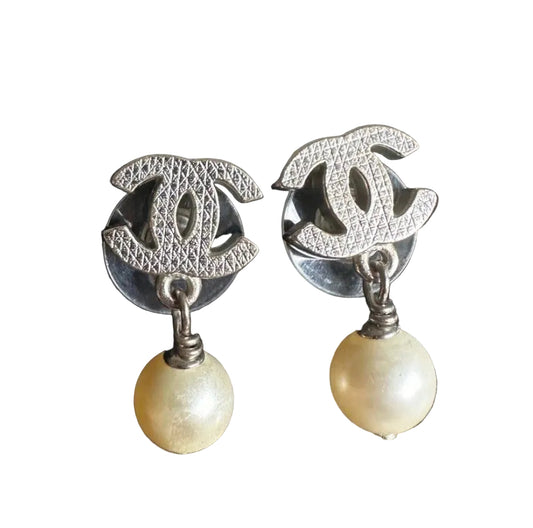 Chanel Classic CC Silver Pearl Dangling Earrings