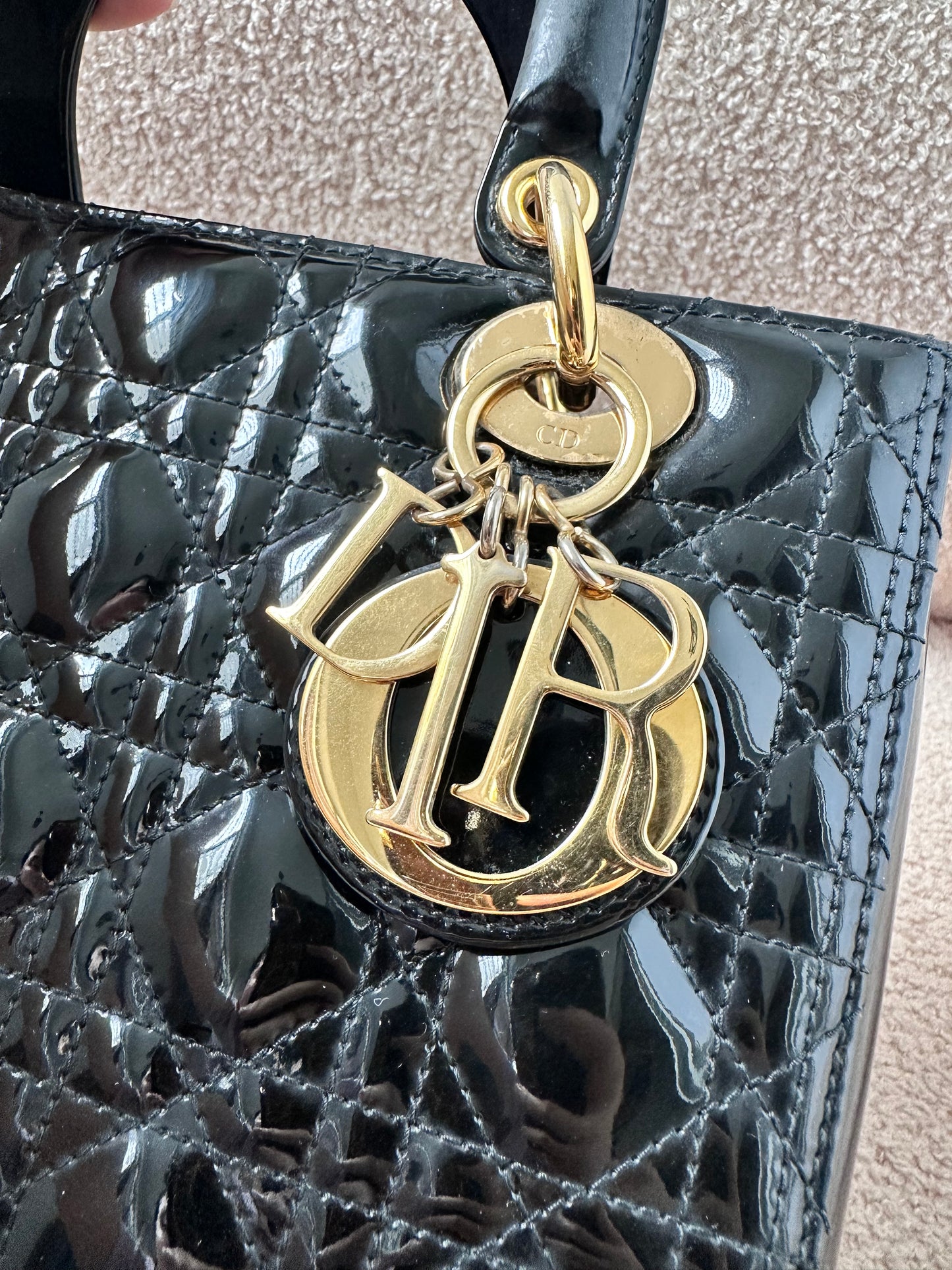 Christian Dior Lady Dior Medium Black Patent Gold Hardware
