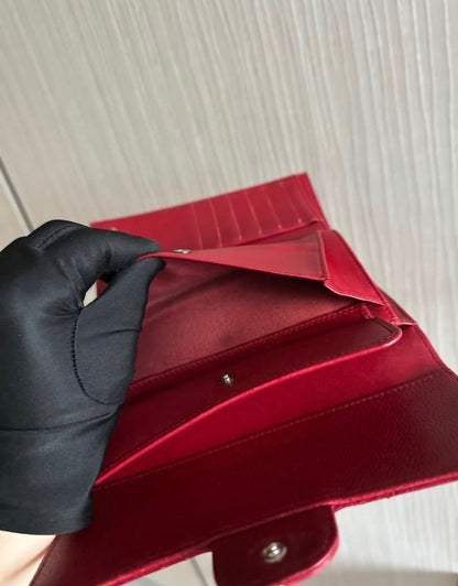 Chanel Caviar Classic Trifold Long Wallet Red Silver Hardware