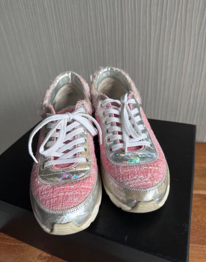 Chanel Pink Tweed Trainers Sneakers Shoes - Size 36.5
