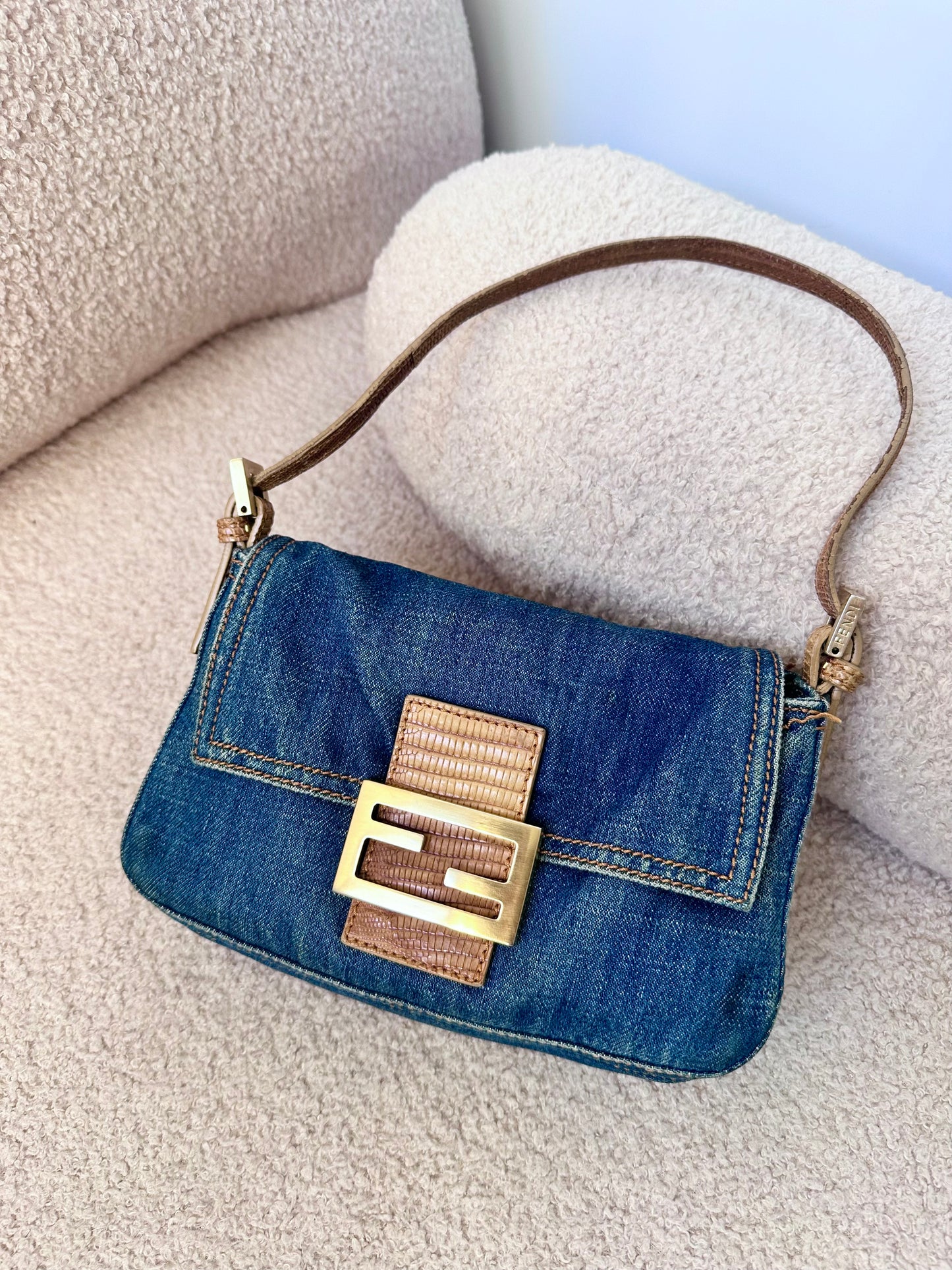 Fendi Vintage Blue Denim Lizard Trim Baguette