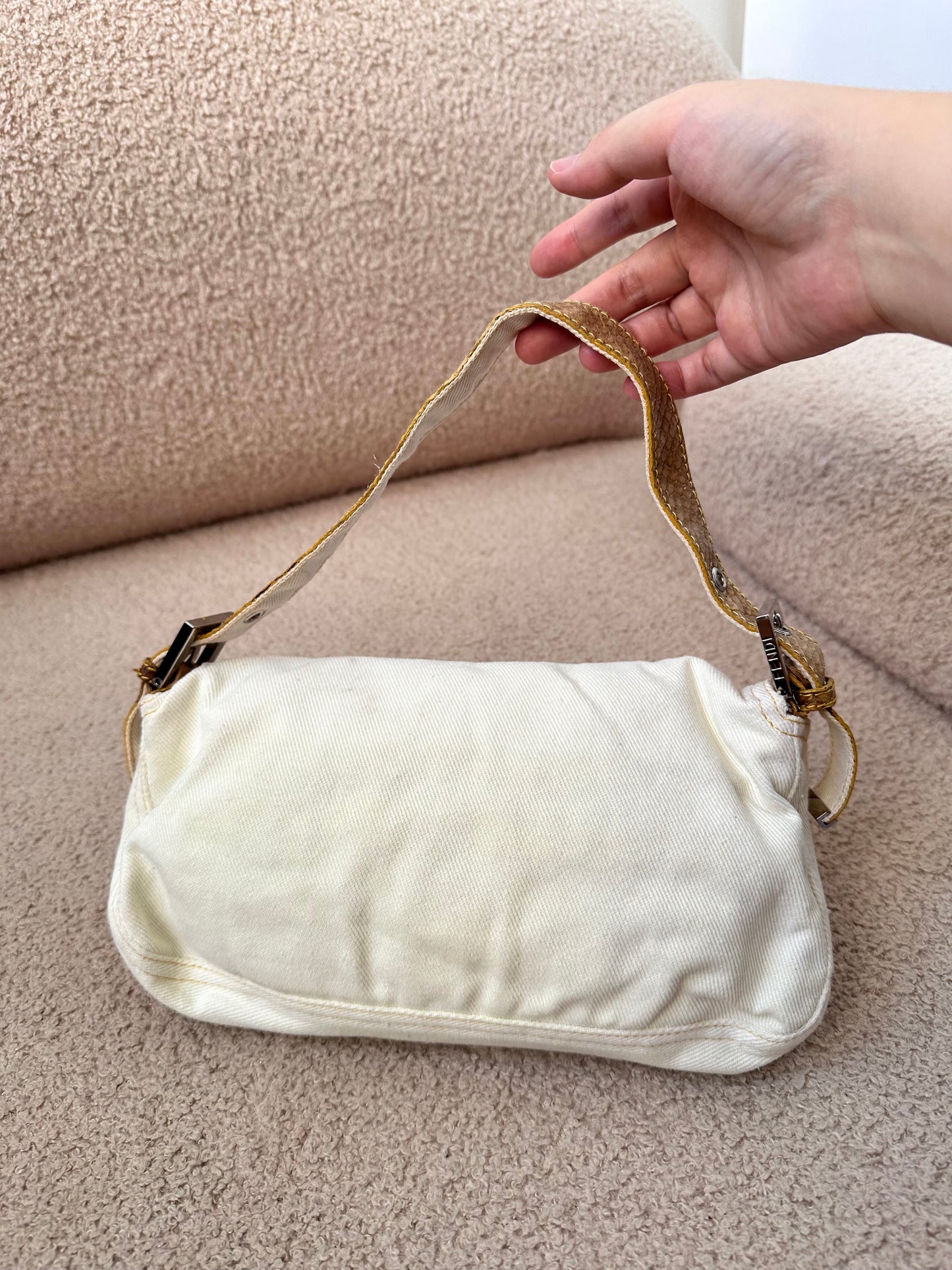 Fendi Yellow Python Trim White Canvas Baguette