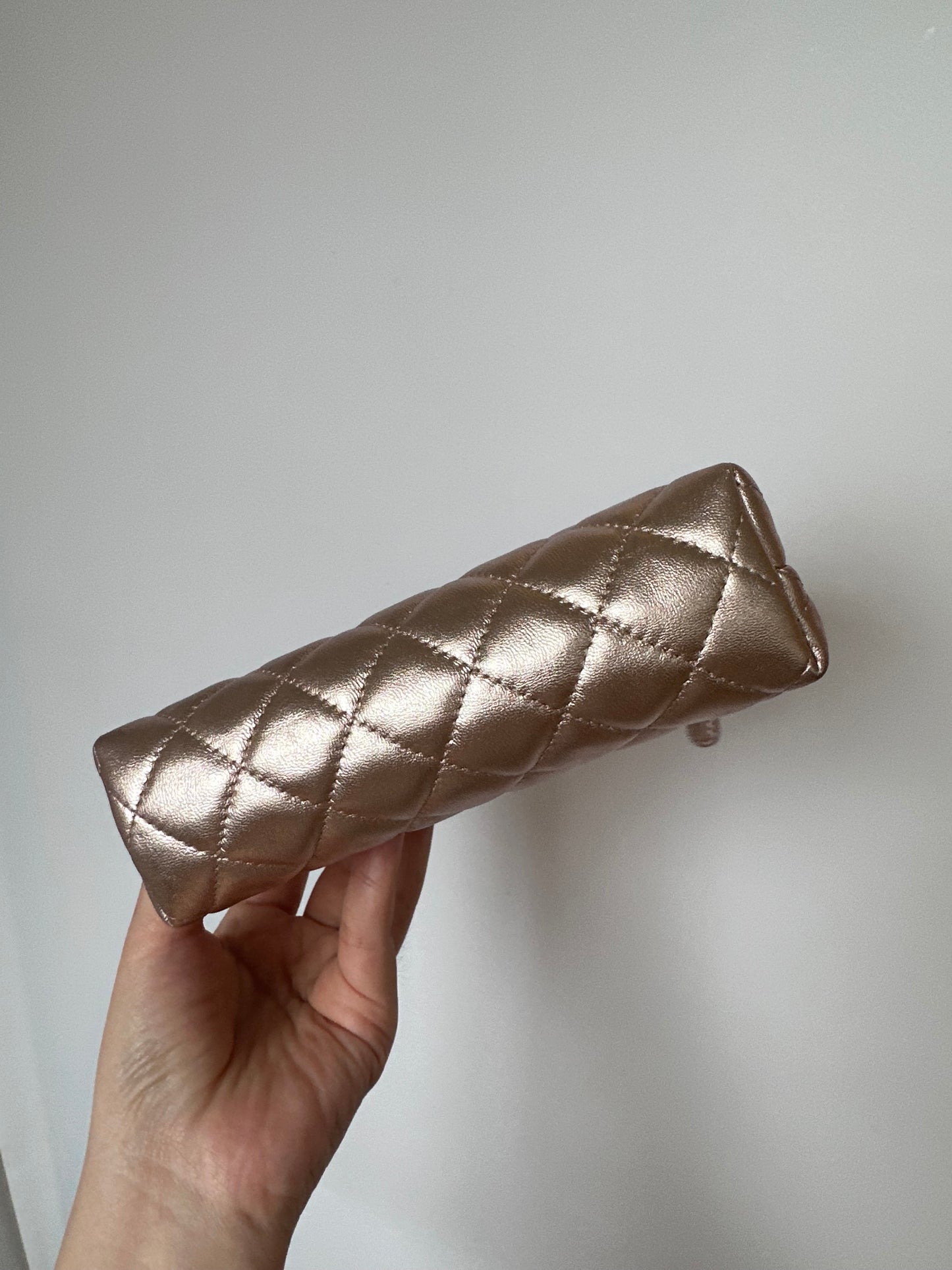 Chanel Quilted O Case Metallic Pink Rose Gold Zip Pouch