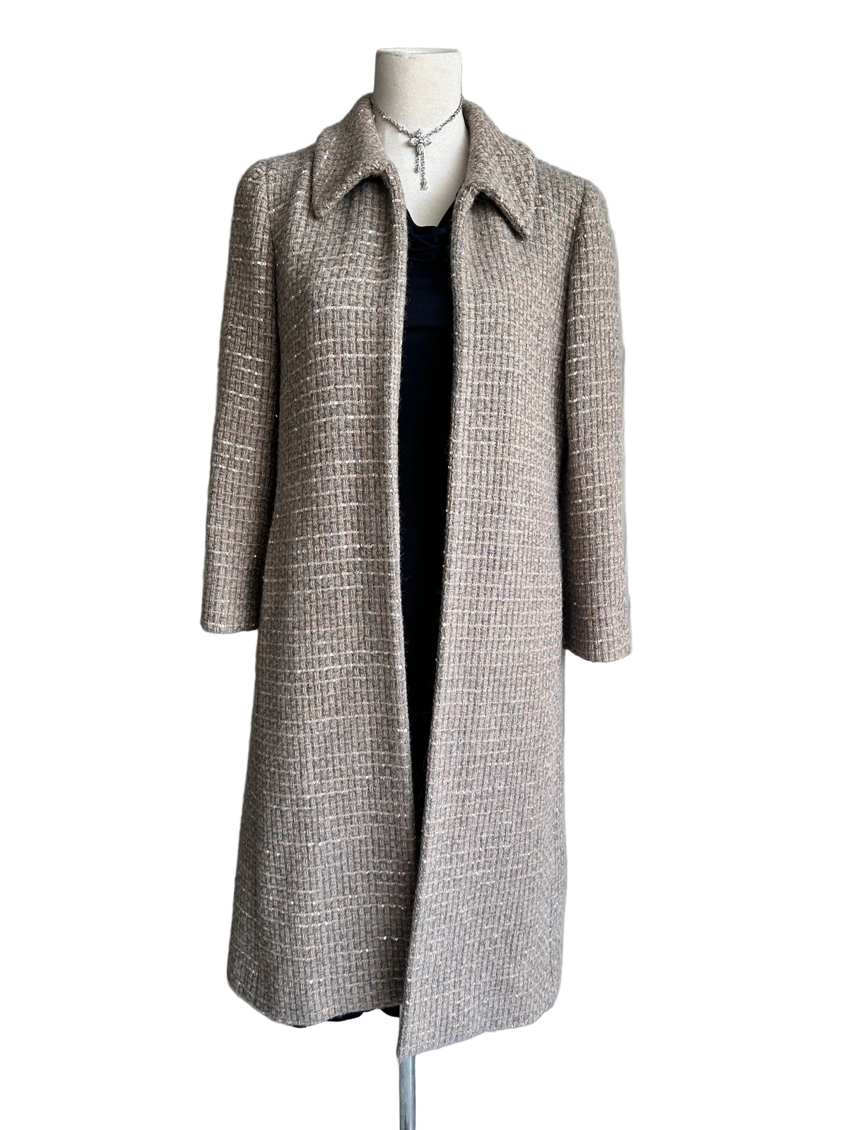 Chanel Runway Coat 00A Gold Beige Sequins Tweed Wool Long Jacket