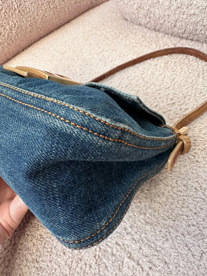 Fendi Vintage Blue Denim Lizard Trim Baguette