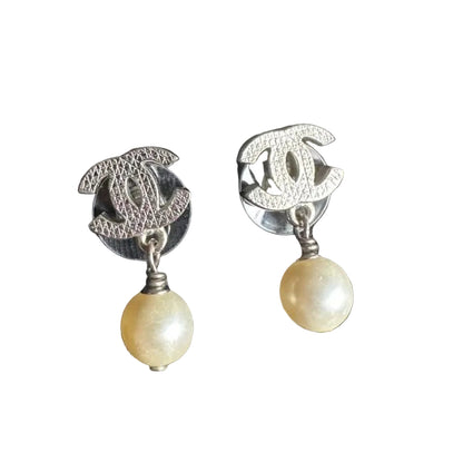 Chanel Classic CC Silver Pearl Dangling Earrings