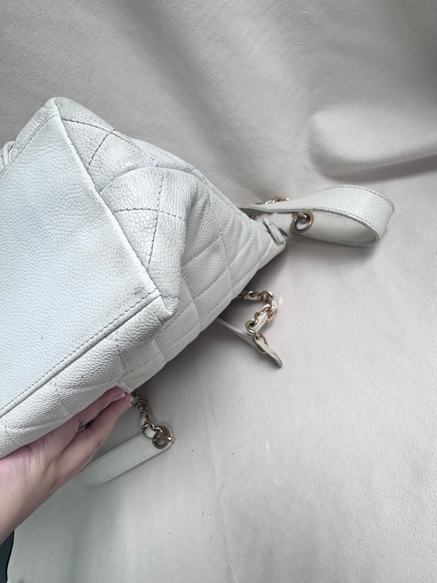 Chanel Caviar Quilted Hobo Shoppers Tote Bag - White / 24K Gold Plated Hardware