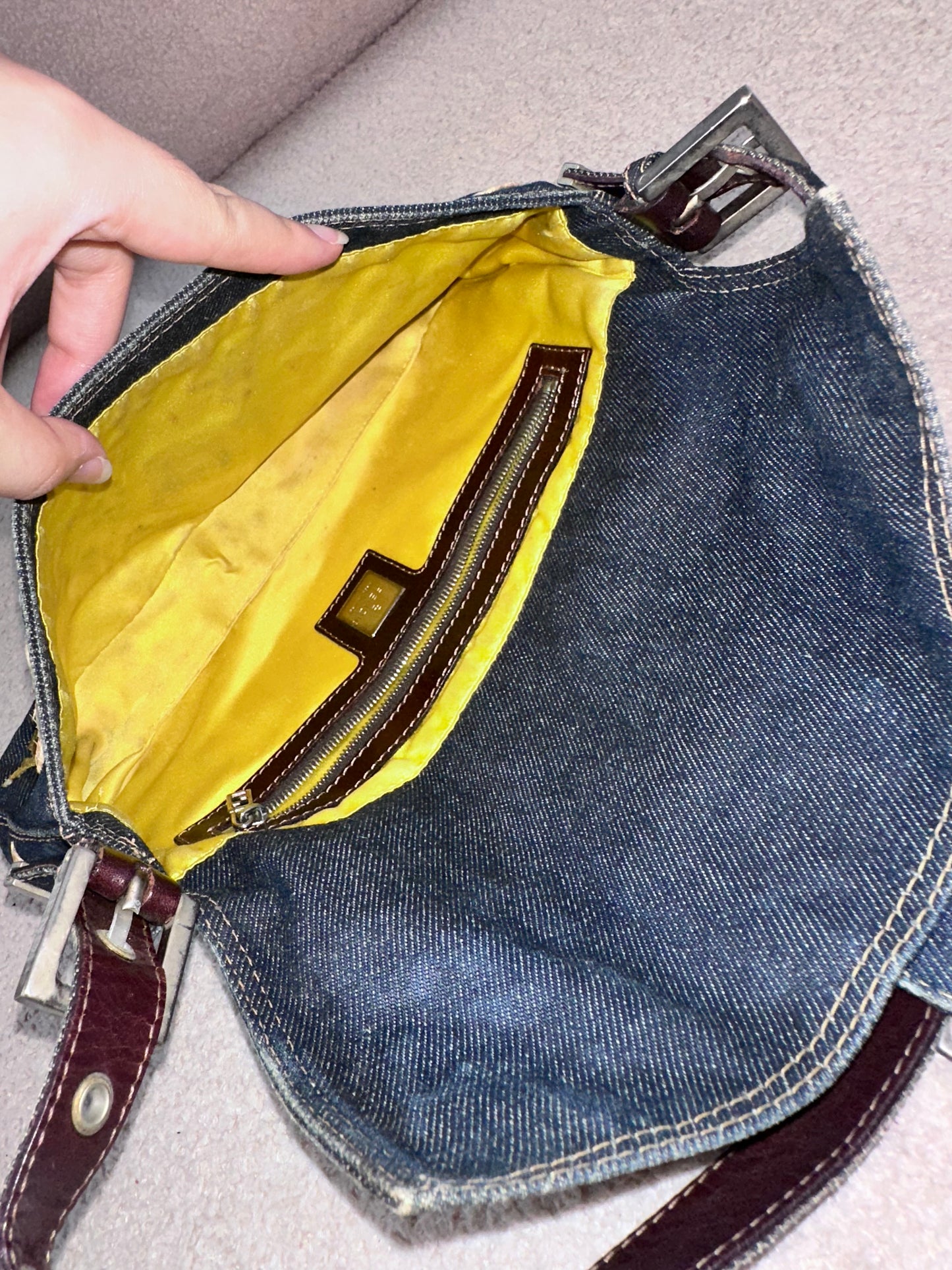 Fendi Floral Embroidered Denim Baguette