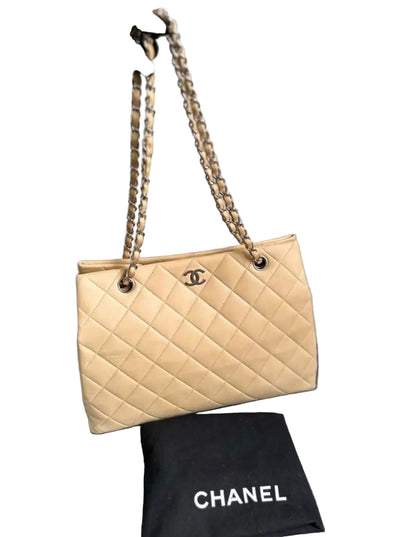 Chanel Vintage Quilted Classic Shoppers Tote Bag - Beige / Silver Hardware