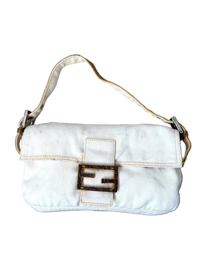 Fendi Yellow Python Trim White Canvas Baguette