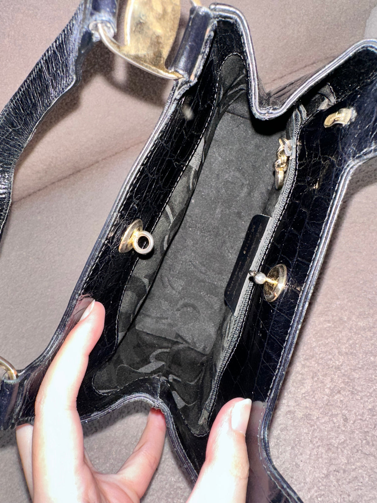 Salvatore Ferragamo Vintage Black Crocodile Embossed Tote Ba