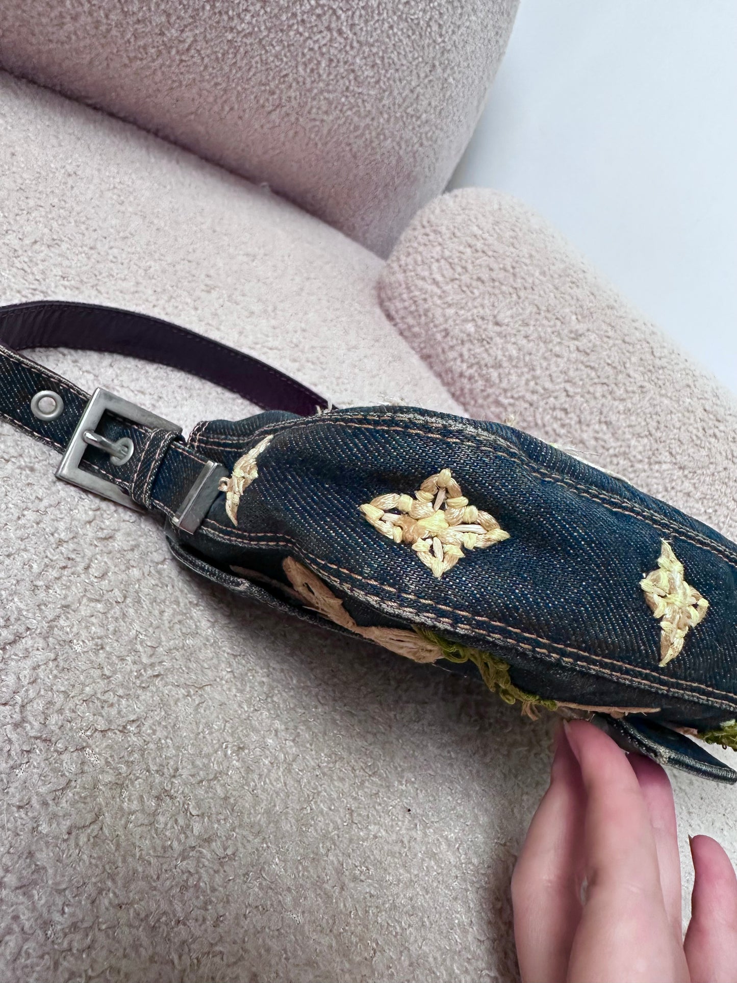 Fendi Floral Embroidered Denim Baguette