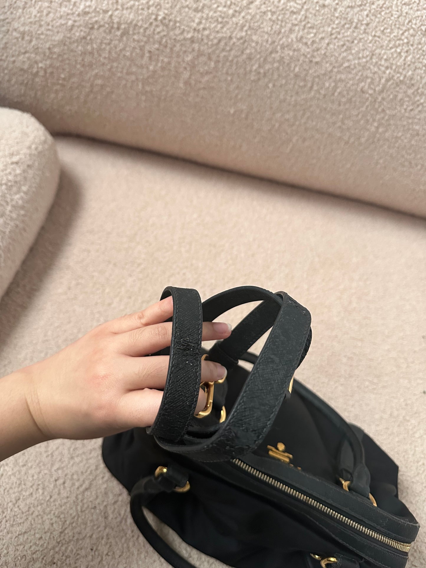 Prada Black Tessuto Leather Trim Top Handle Bag with Strap