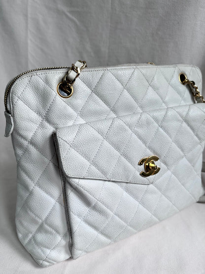 Chanel Caviar Quilted Hobo Shoppers Tote Bag - White / 24K Gold Plated Hardware