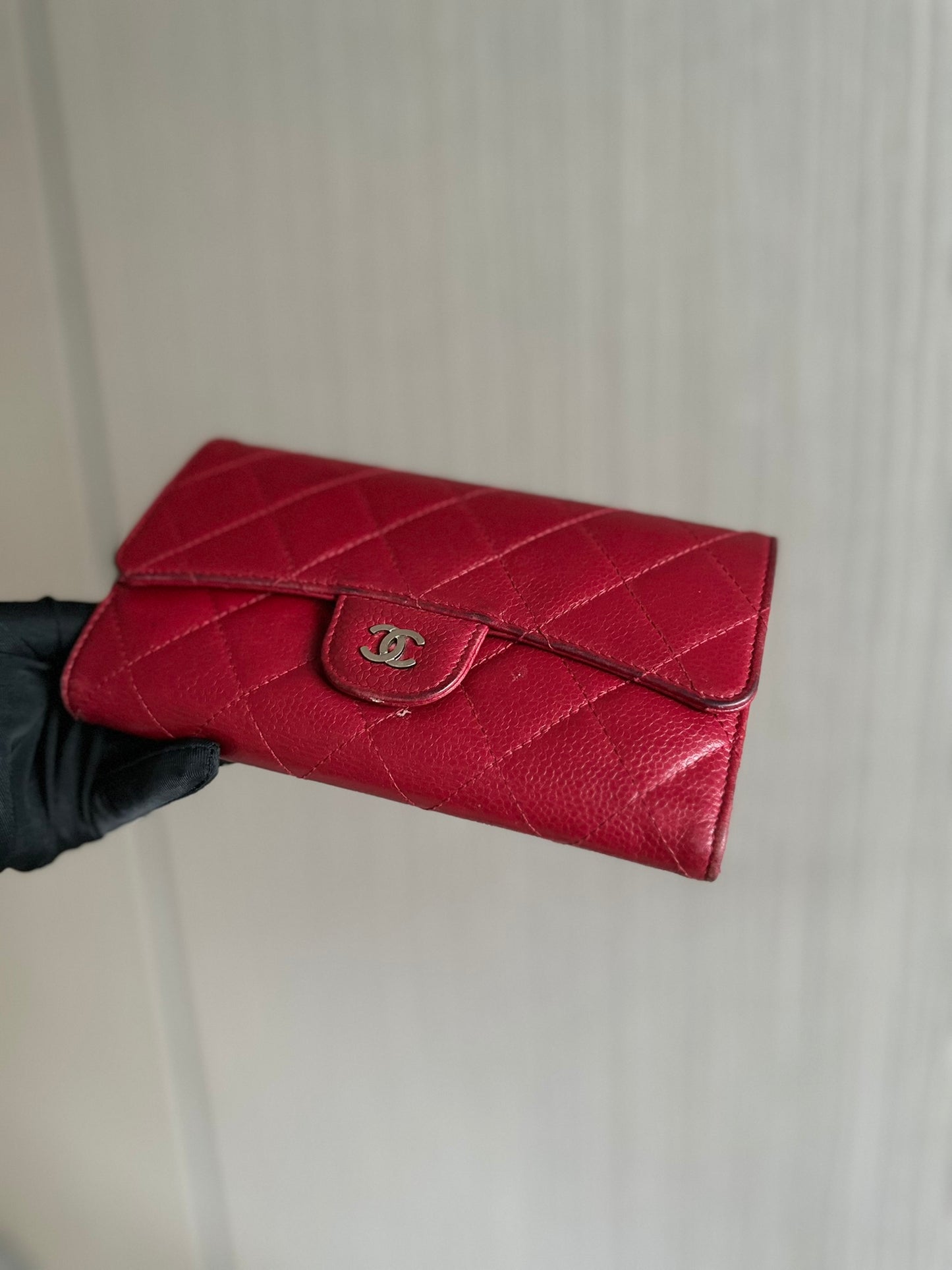 Chanel Caviar Classic Trifold Long Wallet Red Silver Hardware