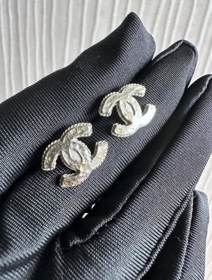 Chanel Classic CC Silver Stud Earrings