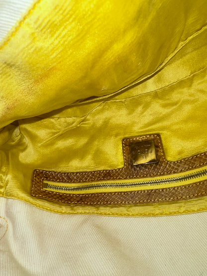 Fendi Yellow Python Trim White Canvas Baguette
