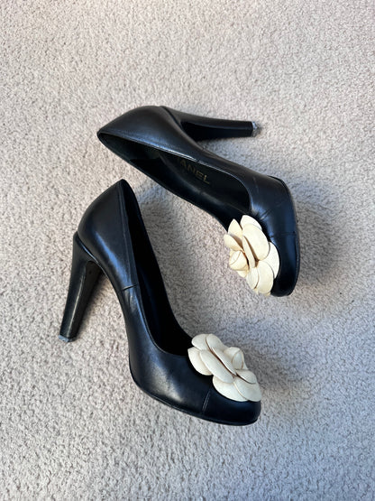 Chanel Camellia Black Leather Pumps Heels (Size 37.5)
