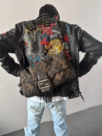 Archive Fendi Maxi Tobacco Zucca Fringe Baguette