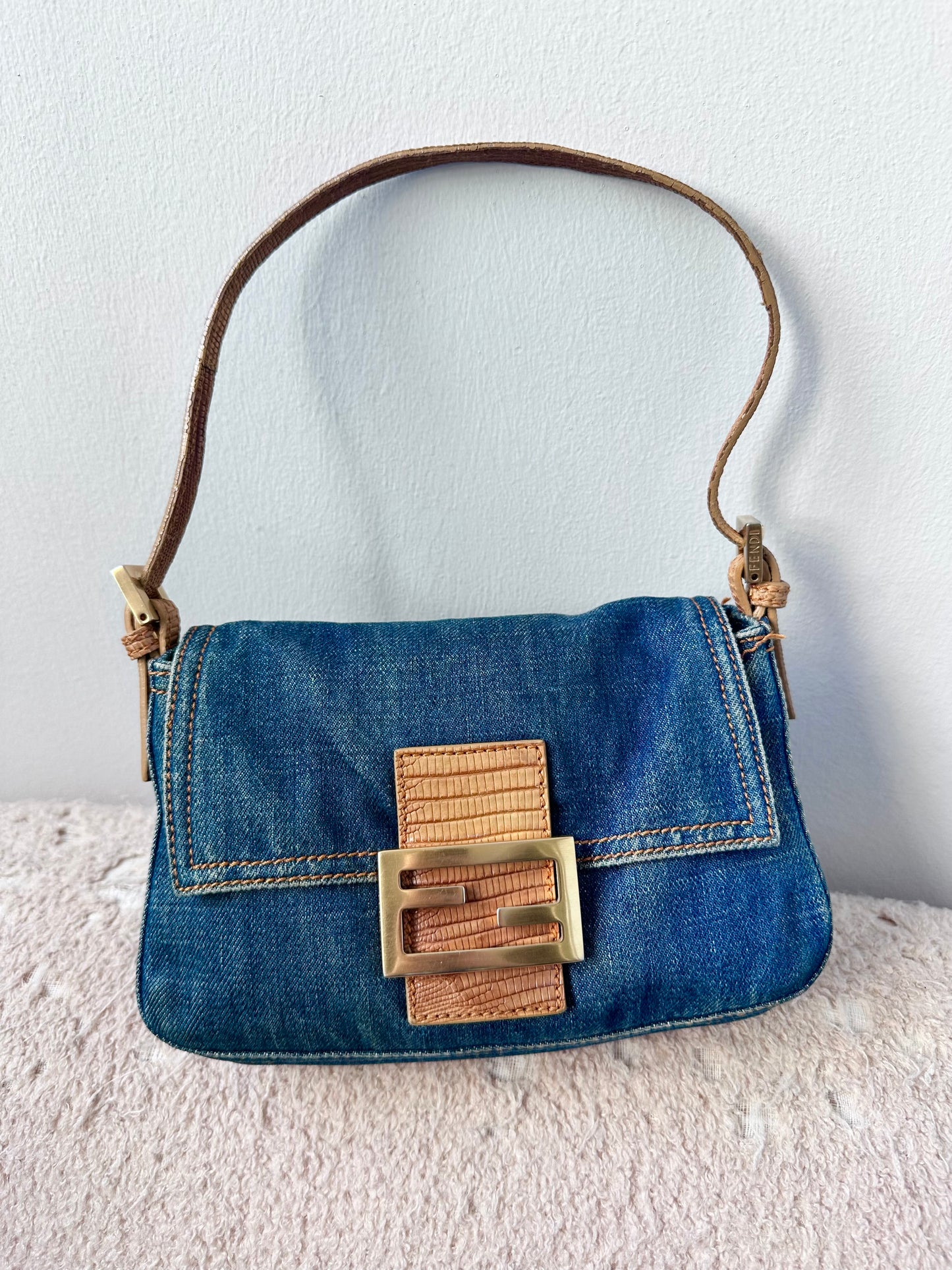 Fendi Vintage Blue Denim Lizard Trim Baguette