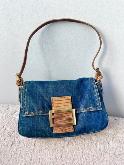 Fendi Vintage Blue Denim Lizard Trim Baguette