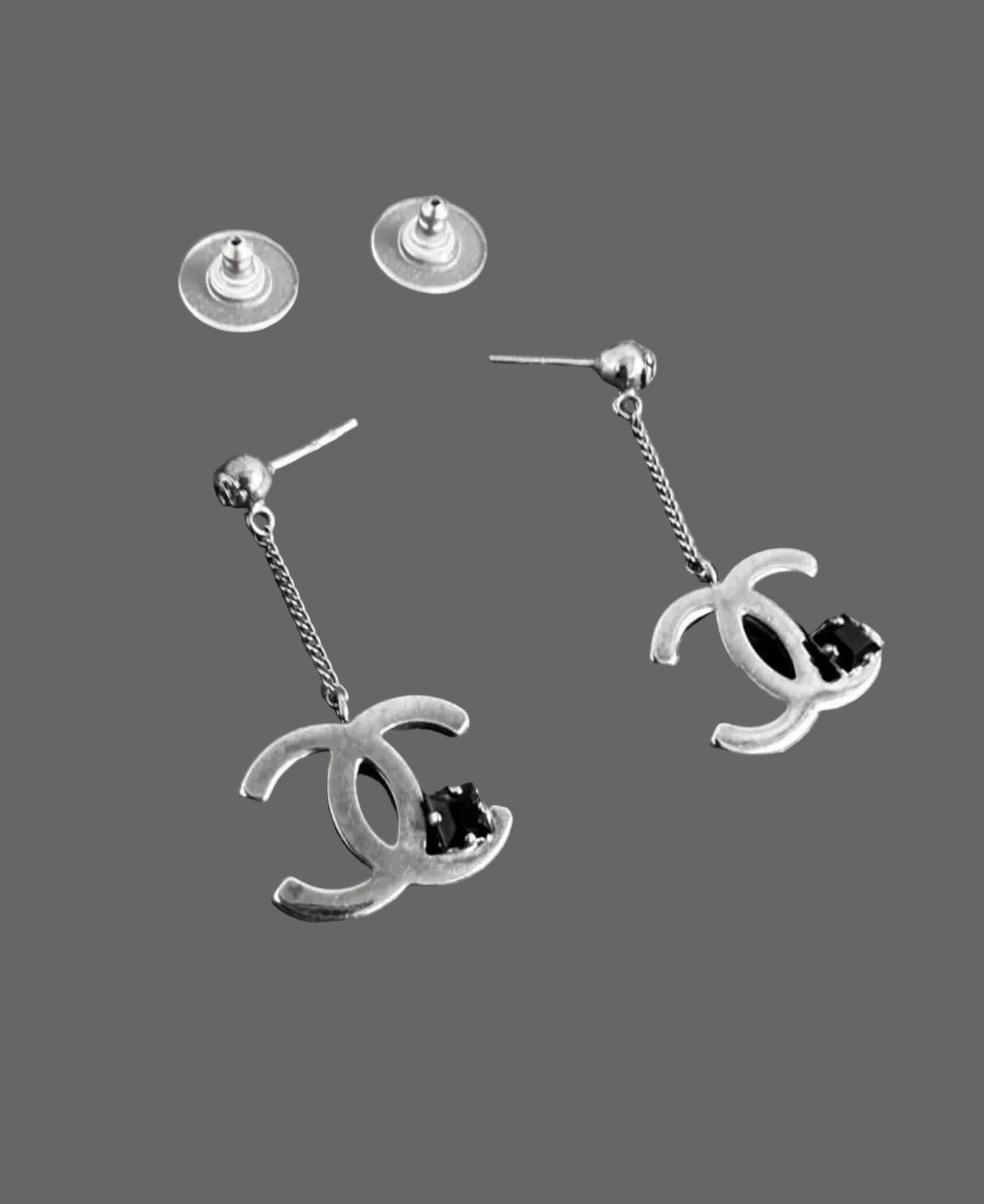 Chanel Classic CC Silver Dangling Earrings With Black Crystal