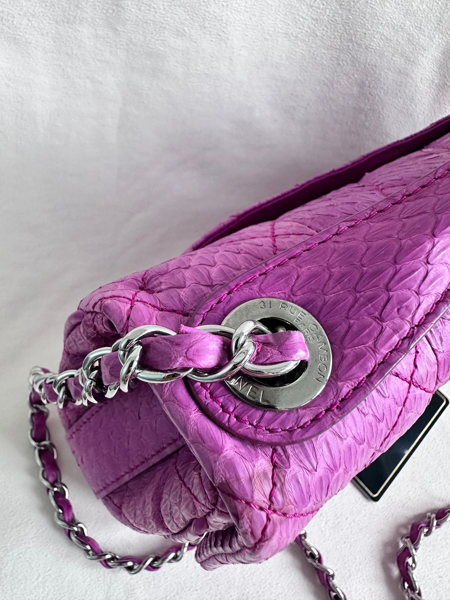 Rare Chanel Jumbo Purple Python Easy Carry Flap Bag