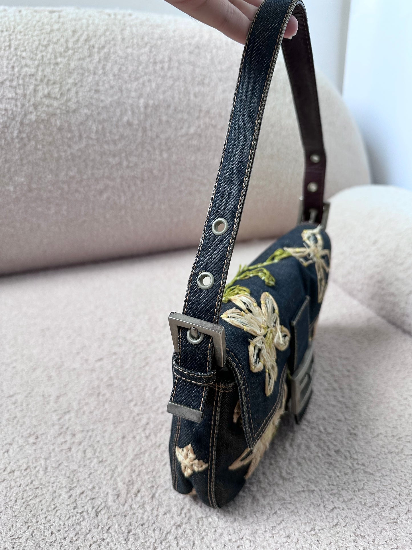 Fendi Floral Embroidered Denim Baguette