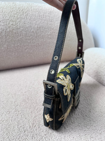 Fendi Floral Embroidered Denim Baguette