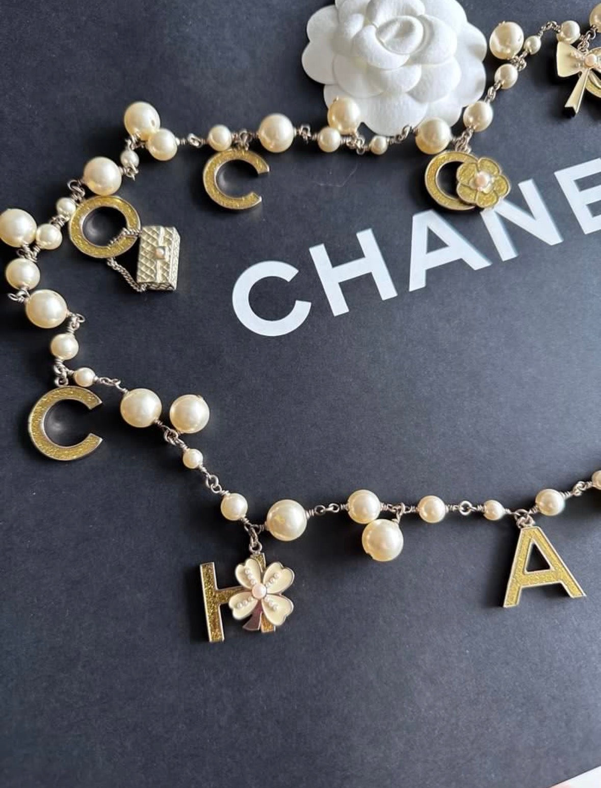 Rare Chanel 2007 Alphabet Logo Icon Charms Long Necklace / Belt