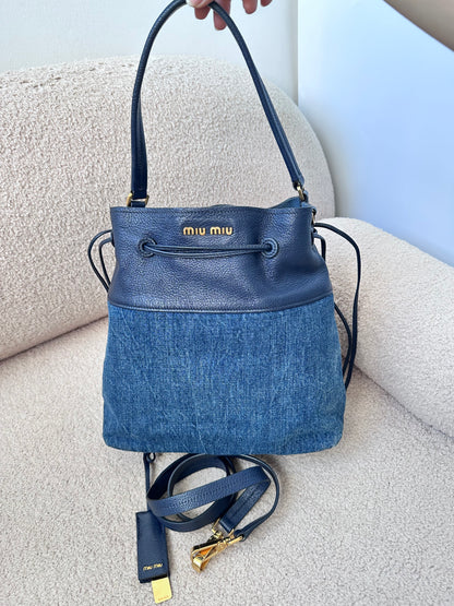 Miu Miu Leather Denim Drawstring Shoulder Bag