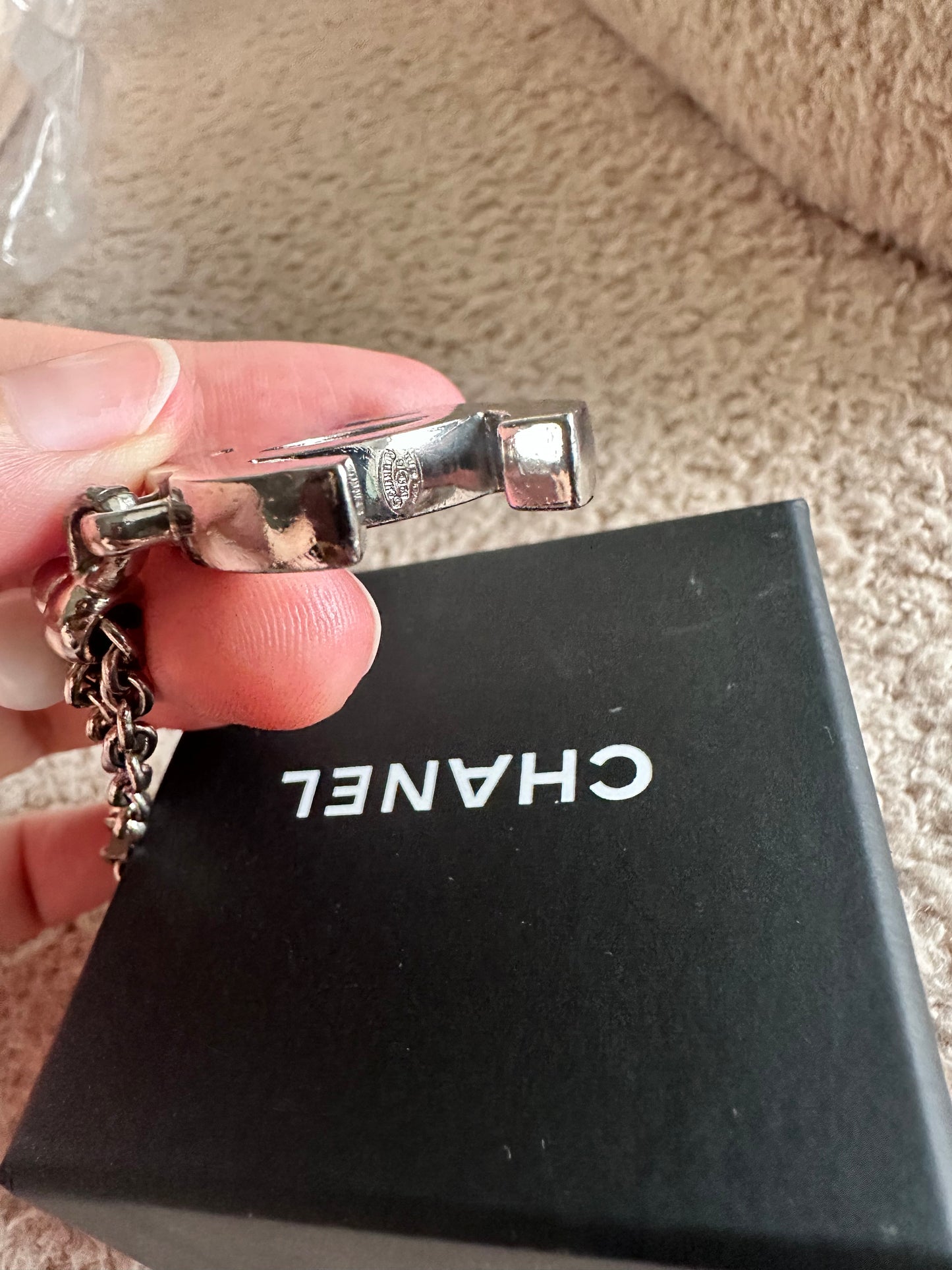 Chanel Logo Bag Charm With Pearl / Silver Hardware